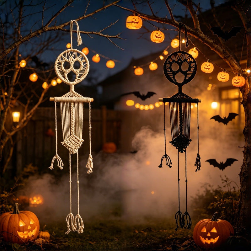 Halloween-Makramee-Wandbehang mit Skelett-Totenkopf