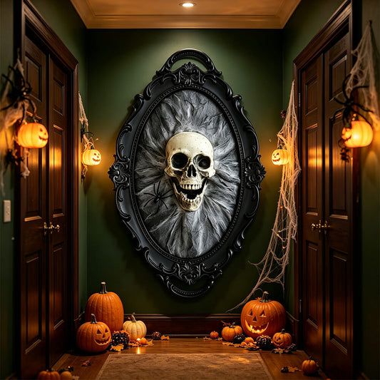 3D Retro-Horrorrahmen mit Totenkopf und Spinne