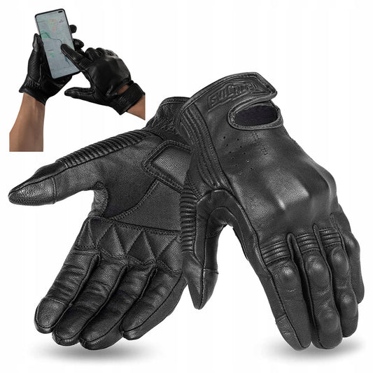Schwarze Motorrad-Lederhandschuhe mit Touchscreen