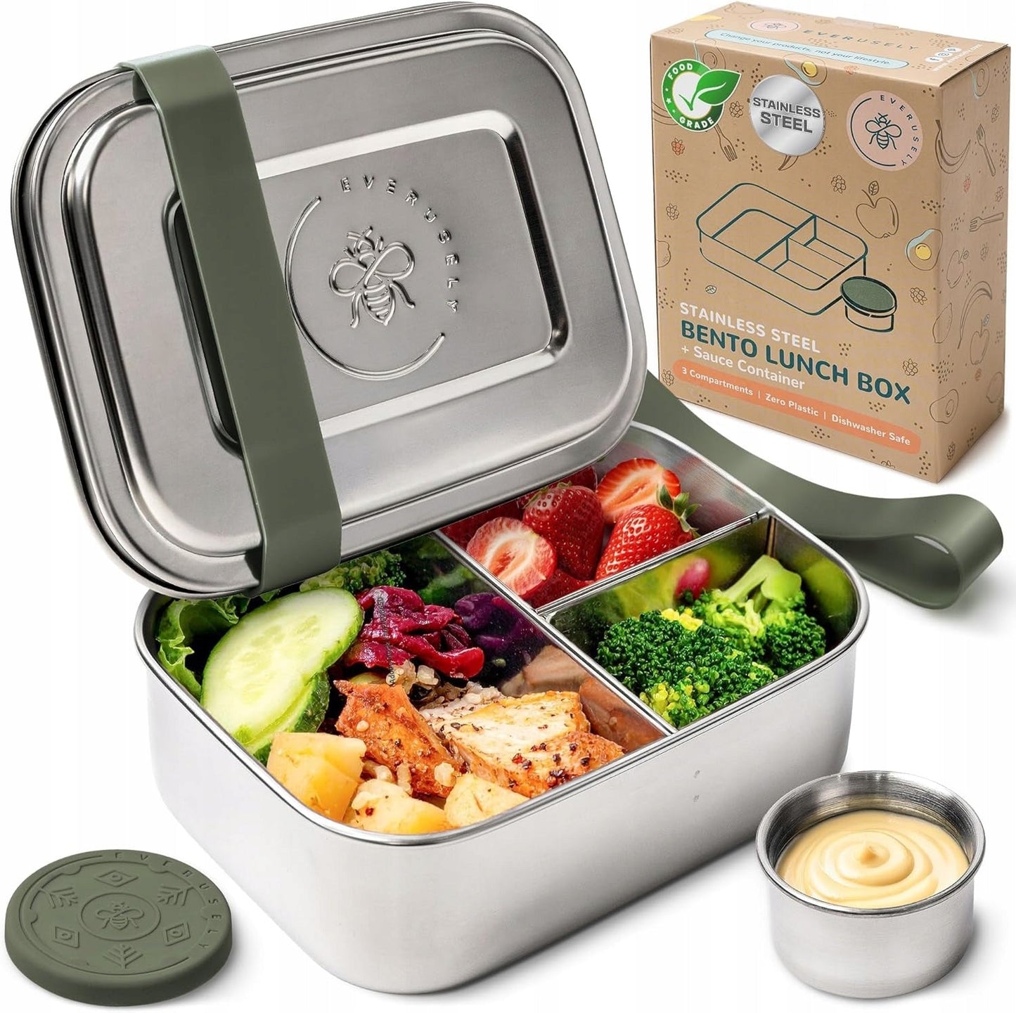 Edelstahl-Bento-Lunchbox mit drei Fächern und Saucenbehälter