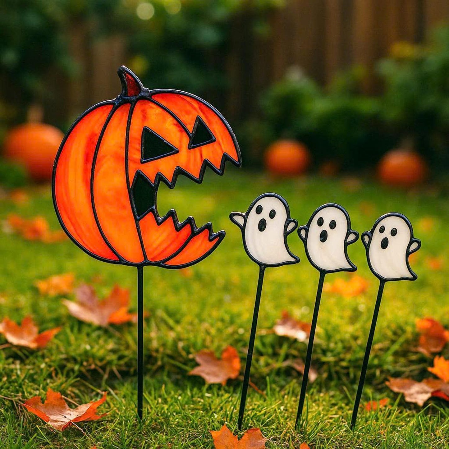 Halloween-Gartenstecker mit Geist und Kürbis