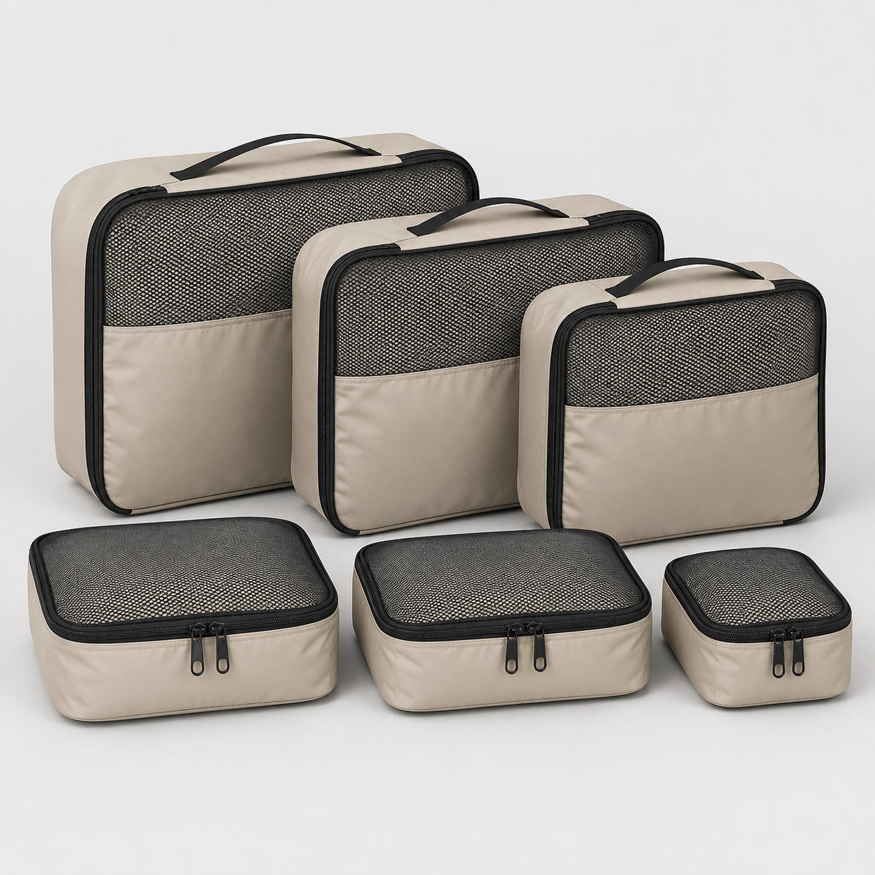 Beiges 6-teiliges Packwürfel-Set mit Mesh-Einsätzen und Reißverschlüssen