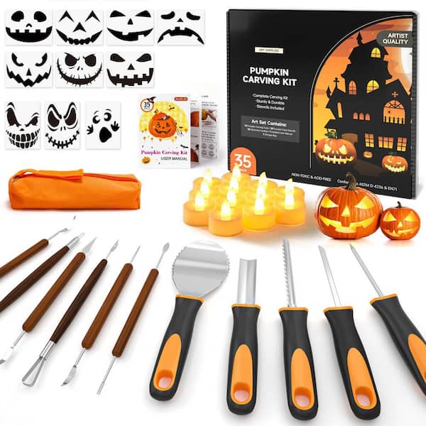 Kürbis-Schnitzset mit LED-Kerzen für Halloween