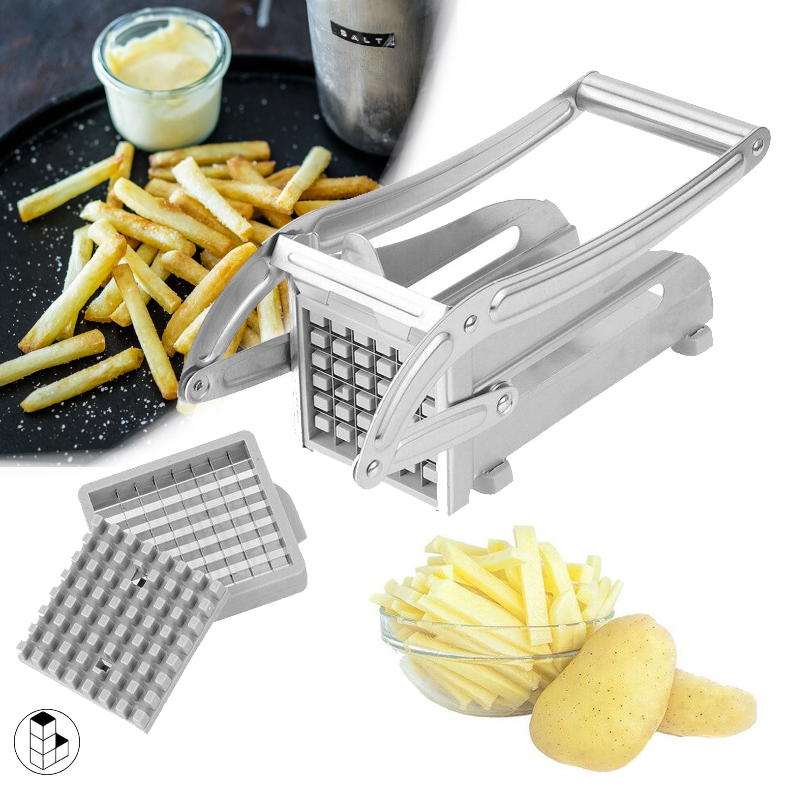 Edelstahl-Pommes-Schneider mit zwei Klingeneinsätzen
