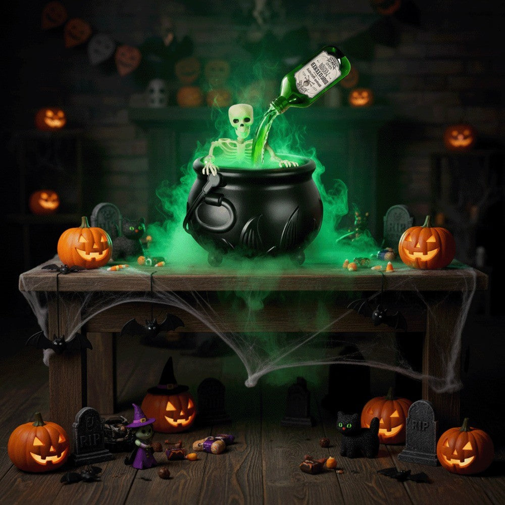 Leuchtender grüner Hexenkessel für Halloween