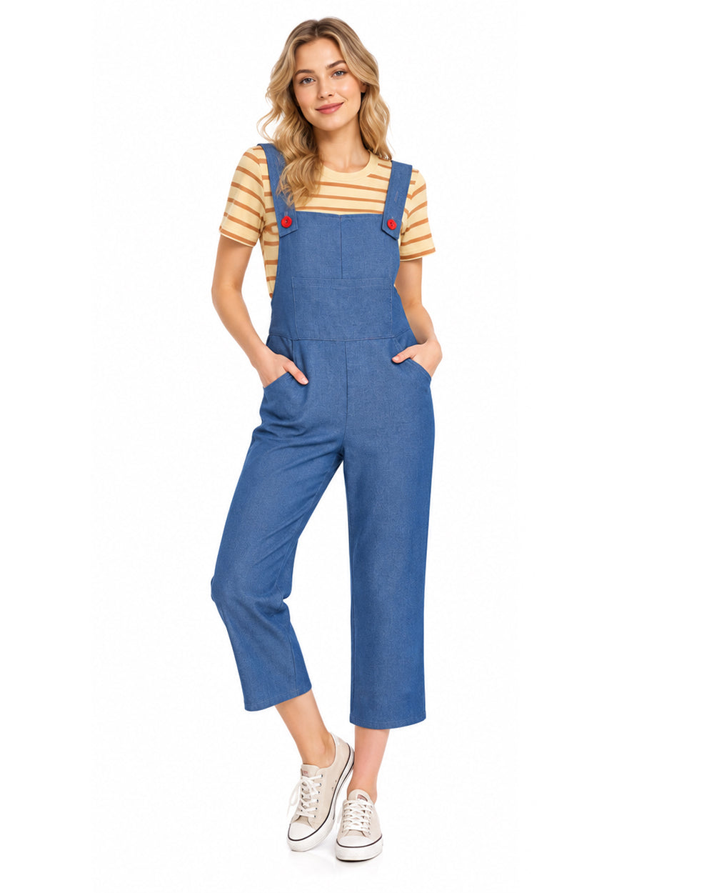 Damenkostüm mit gestreiftem Shirt und Jeans-Latzhose